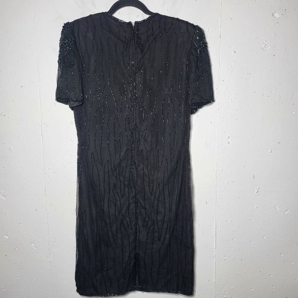Vintage JMD Womens Black Beaded Short Sleeve Silk Midi Dress Size Small Glam - Picture 2 of 10